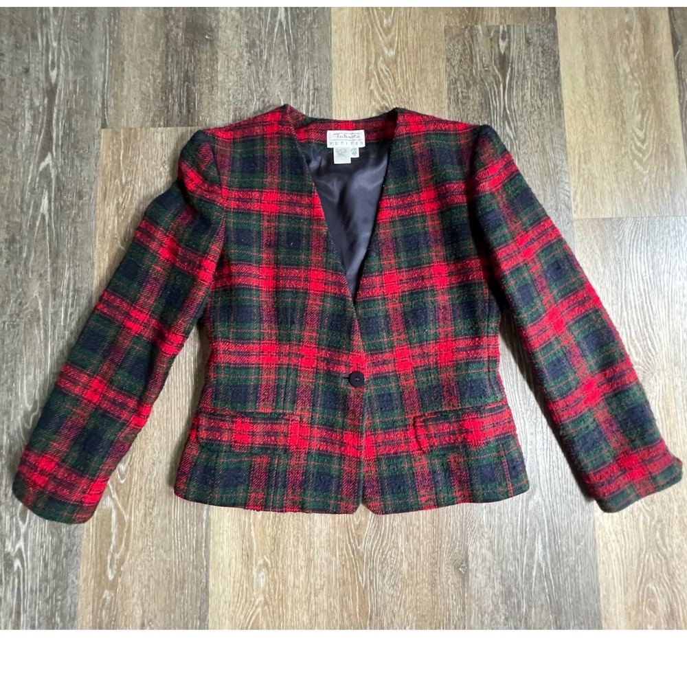 Talbots Blazer Women 4P Red Green Plaid Wool Blend Collarless Vintage Jacket